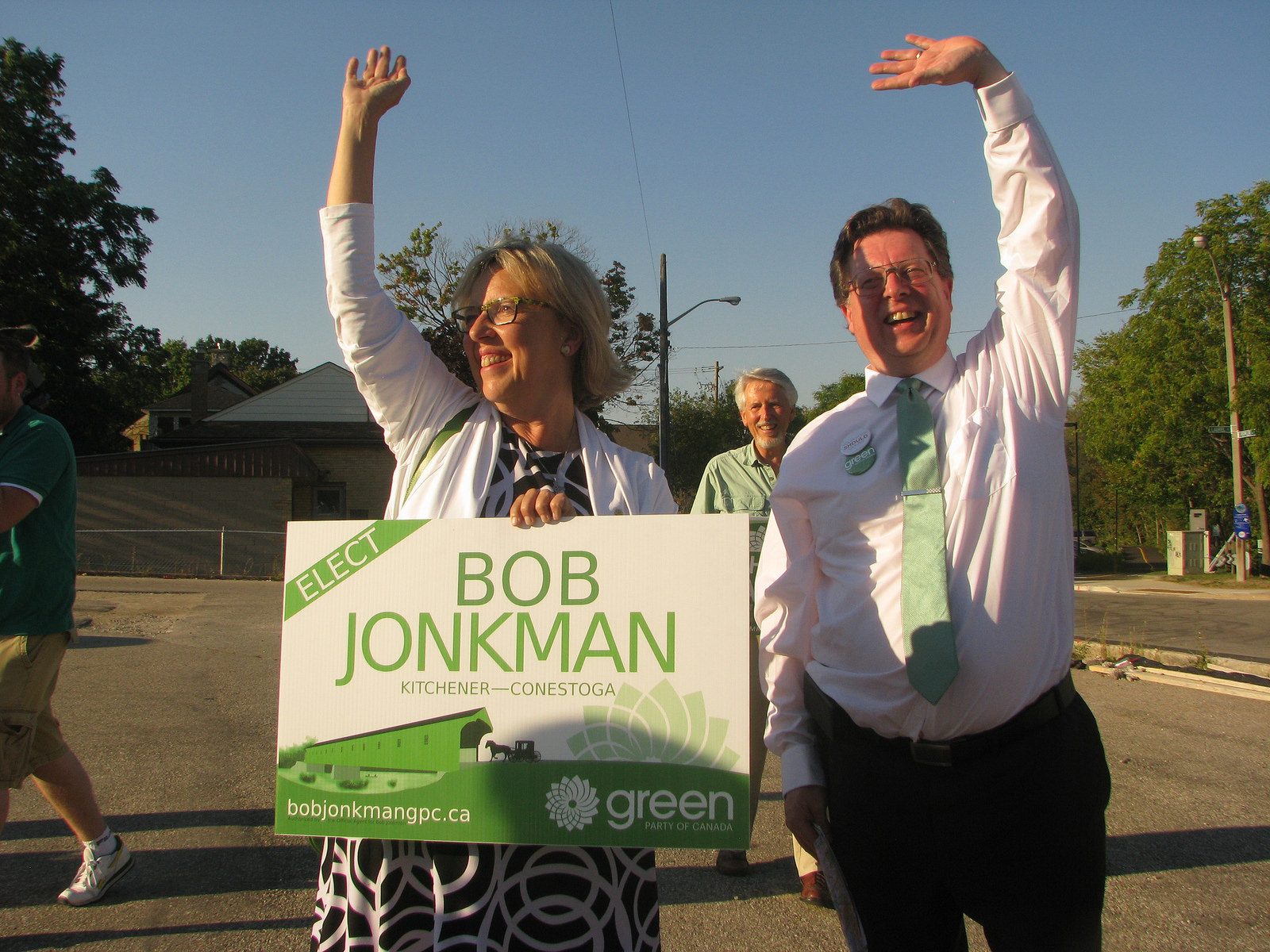 Elizabeth May joined Bob Jonkman and Richard Walsh for street side sign waving last fall