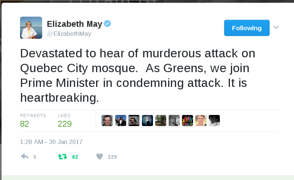 Devastated to hear of murderous attack on Quebec City mosque. As Greens, we join Prime Minister in condemning attack. It is heartbreaking.
