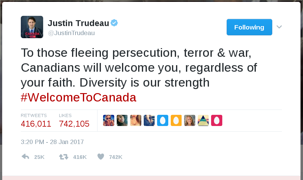 To those fleeing persecution, terror & war, Canadians will welcome you, regardless of your faith. Diversity is our strength #WelcomeToCanada