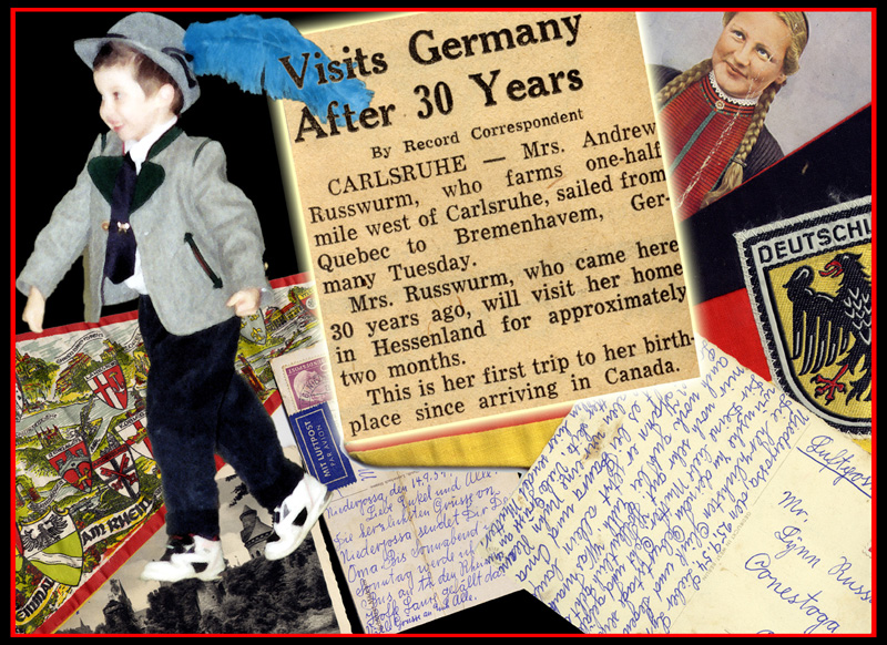 A news clipping about Greta's trip is surrounded by postcards and mementos of her trip
